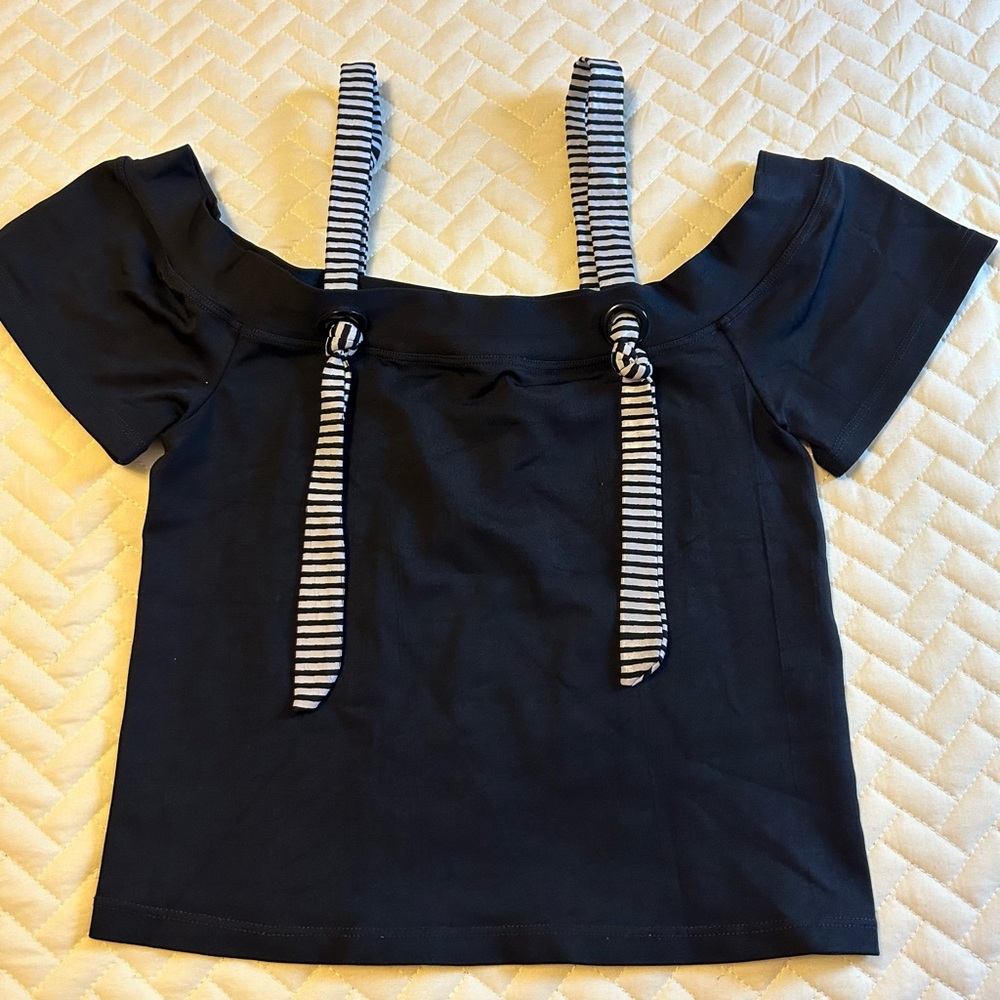 Riccio Navy Off-Shoulder Crop Top with Striped Tie Details